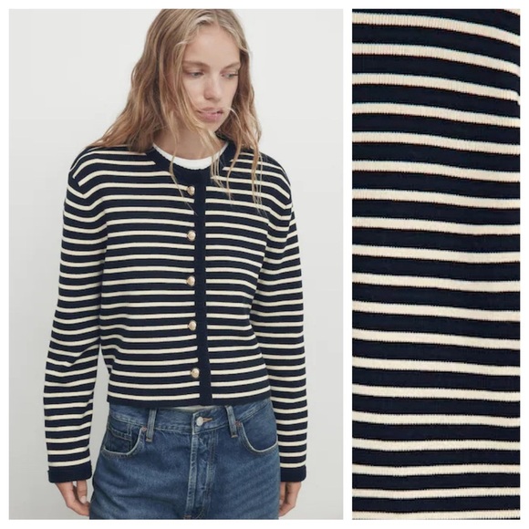NWT. Massimo Dutti Navy Blue/Ecru Striped Gold-Toned Buttons Cardigan. Size XS. - Picture 1 of 8